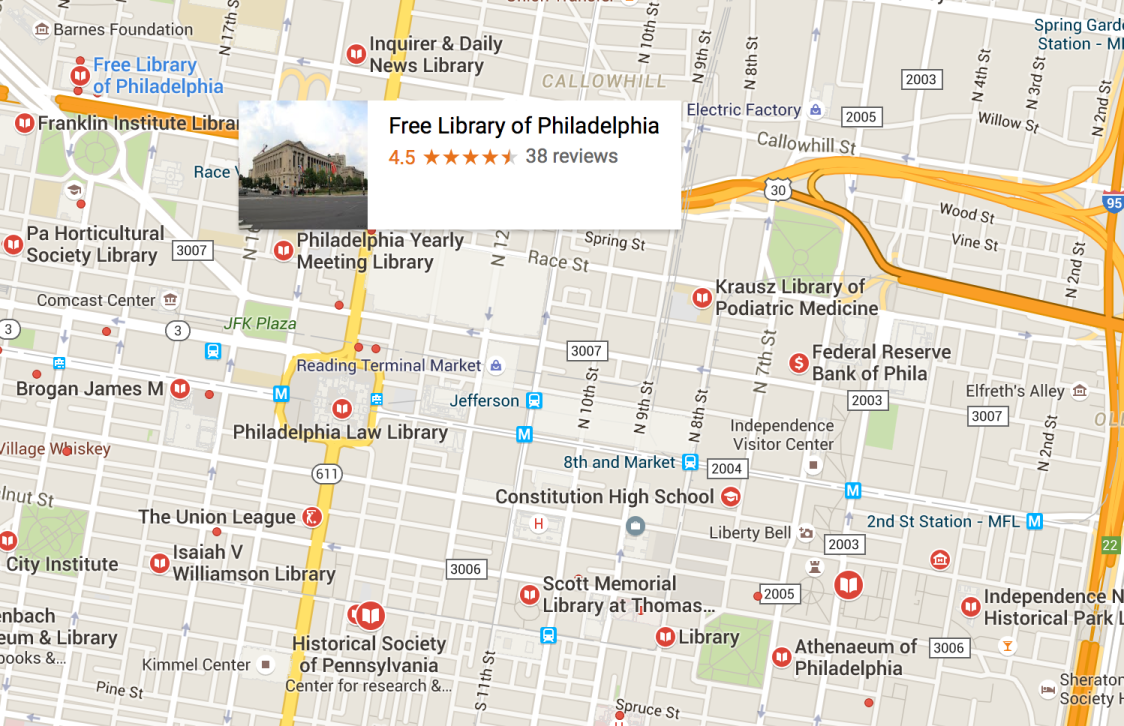 Google map showing many libraries in philadelphia