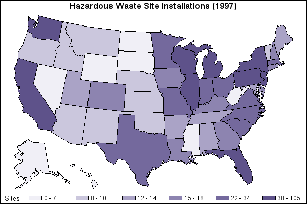 Map showing distribution of hazardous waste across the United States