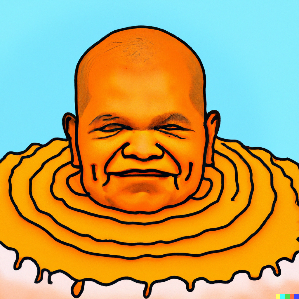 orangeish head of a monk looking person, smiling, with head resting on concentric circles of some kind